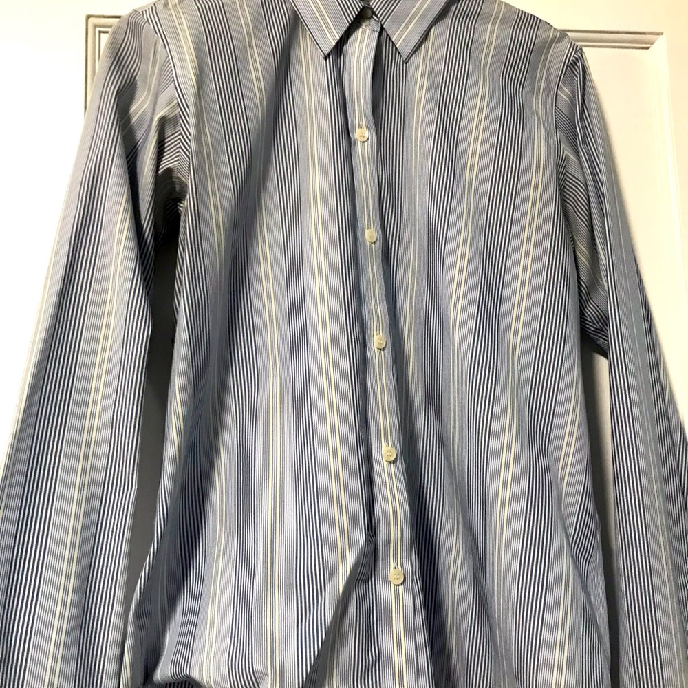 Liz Claiborne blue and white pinstripe with thin lime line.